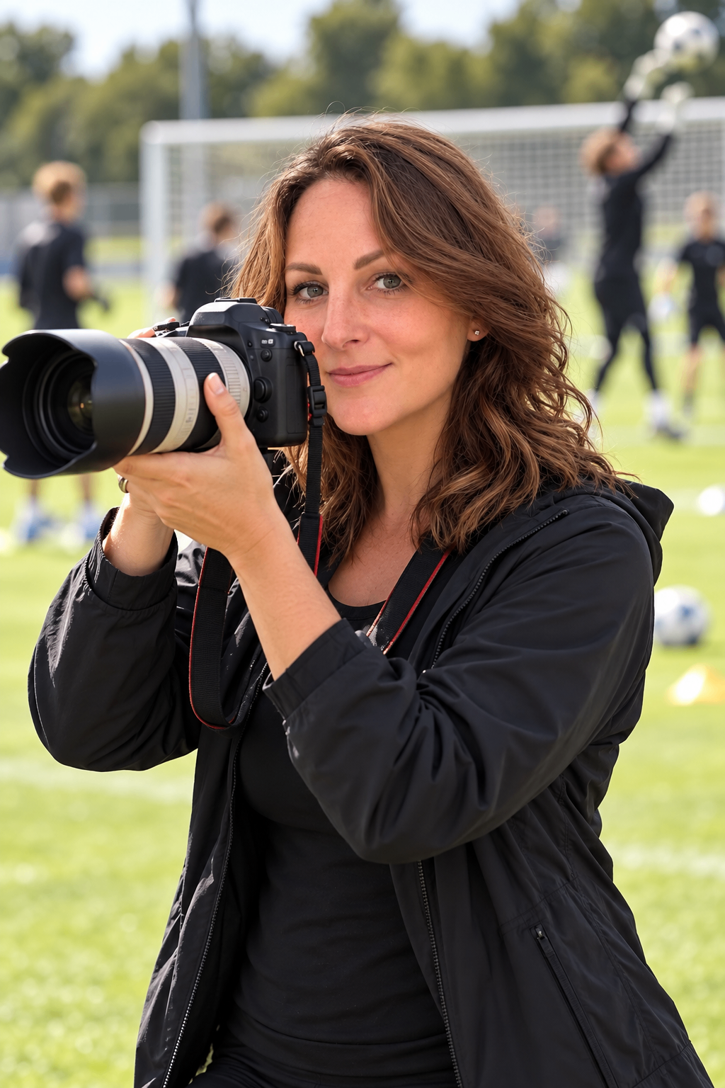 Sandra Lochmann mit Kamera am Fußballplatz